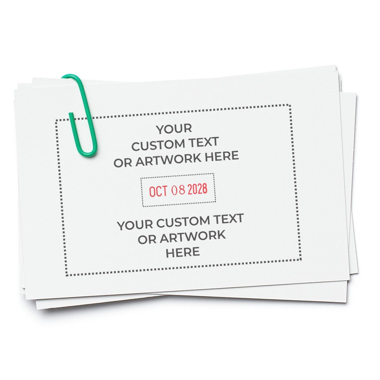 White paper mockup with green paperclip, custom text placeholder, and date stamp isolated on white background