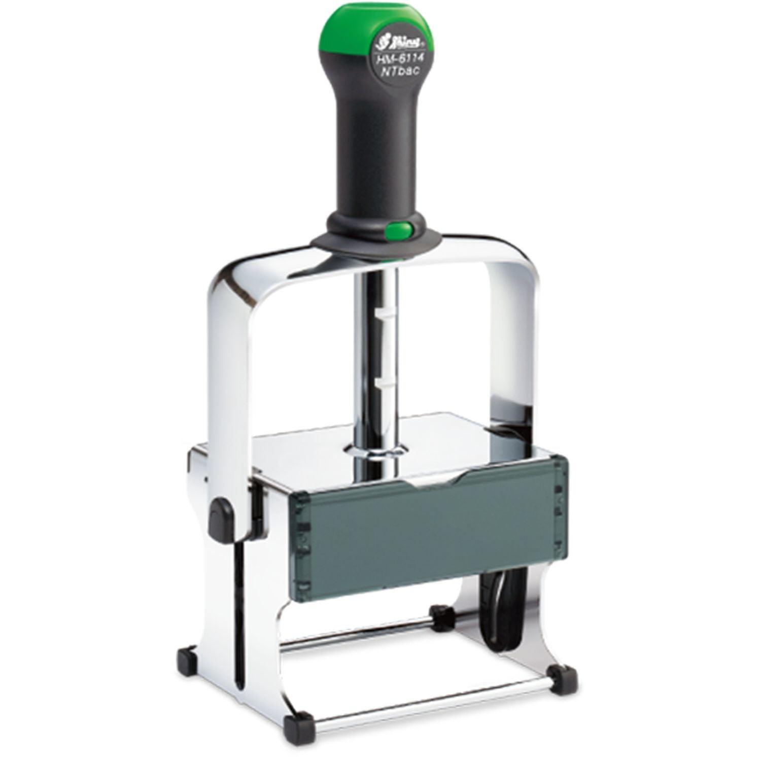 Heavy-duty self-inking stamp machine with chrome frame and ergonomic green handle on white background