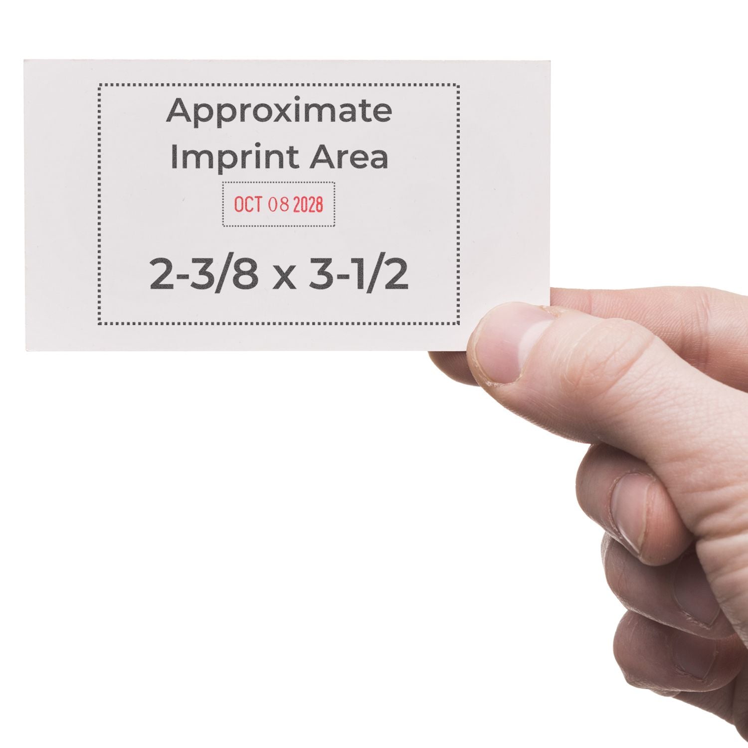 Hand holding a blank business card with approximate imprint area and dimensions 2-3/8 x 3-1/2 inches.