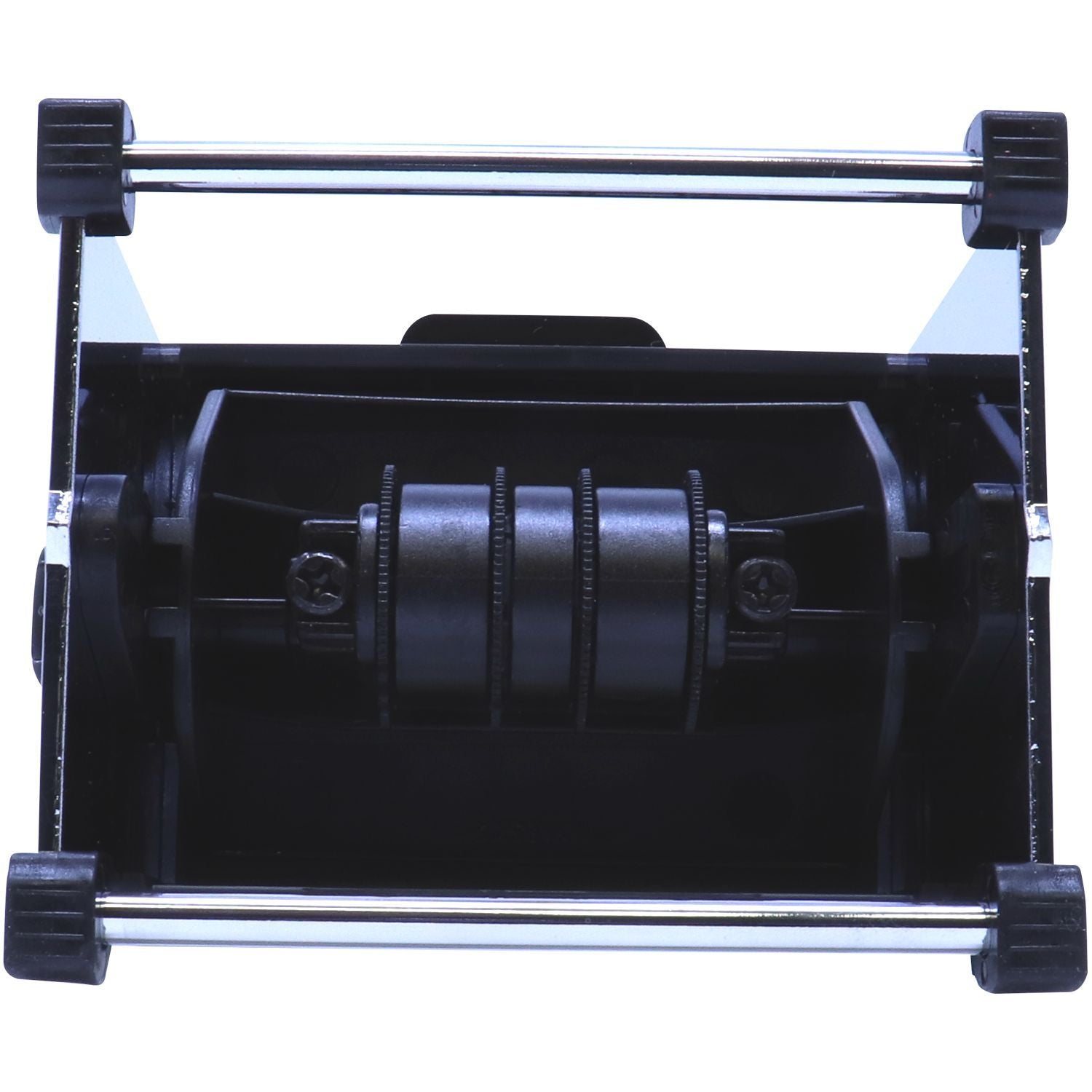 Black office paper shredder with cross-cut blades and pull-out bin, top view on white background
