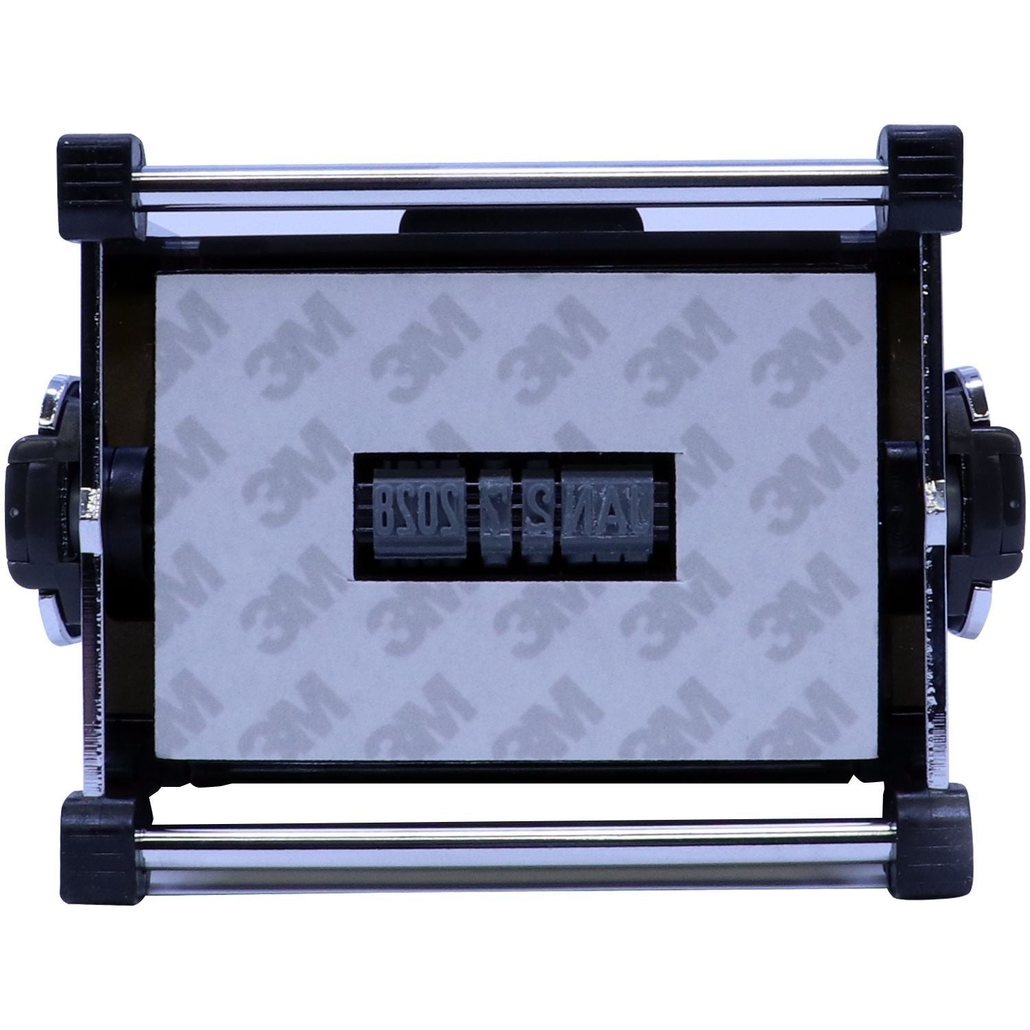 Black self-inking date stamp with adjustable year bands and metal handle on a white background