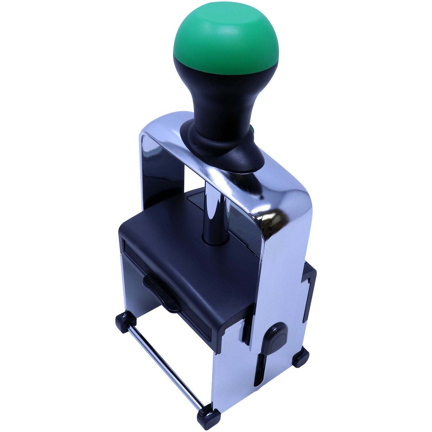 Heavy-duty manual stamp press with green handle and chrome frame isolated on white background