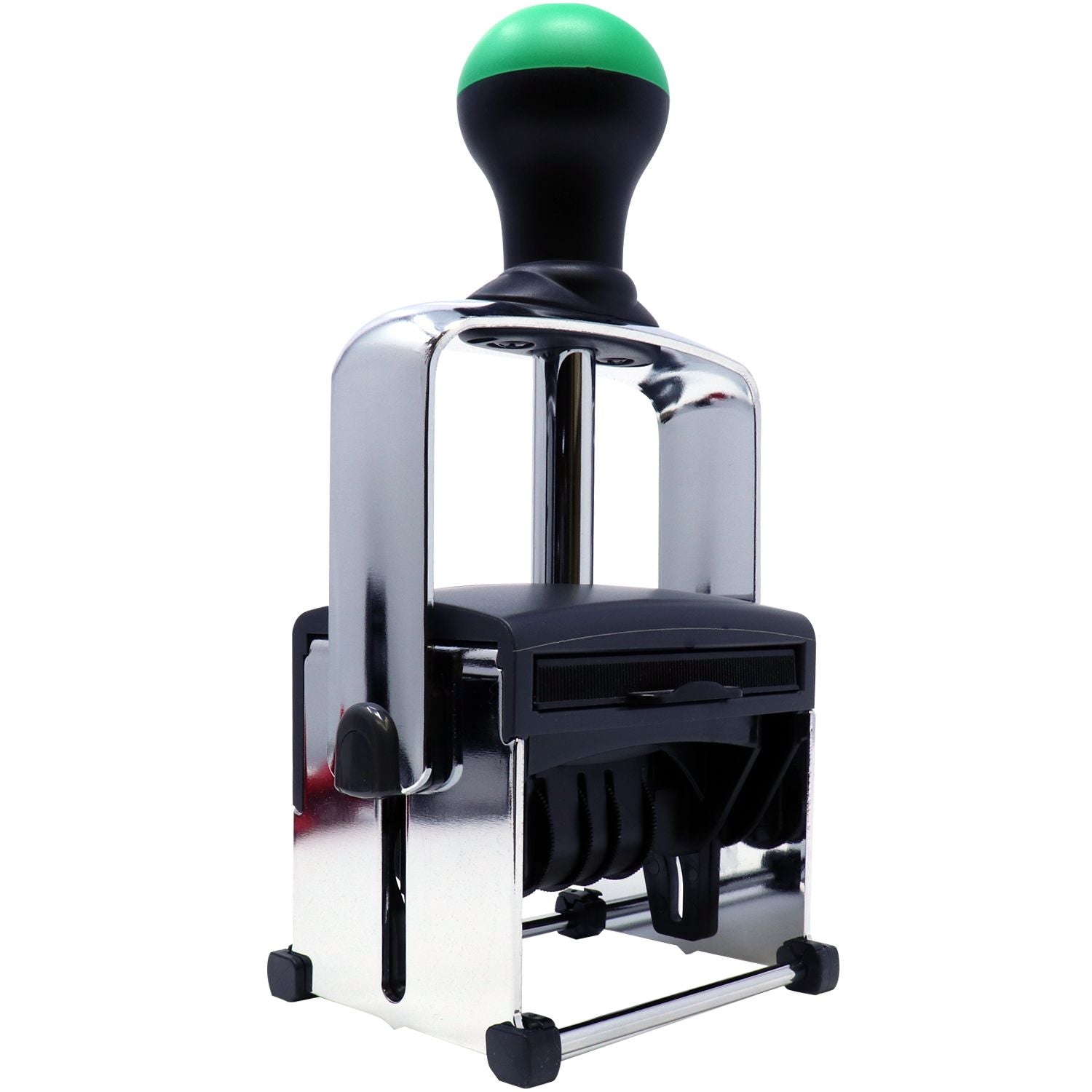 Heavy-duty self-inking rubber stamp with green handle and chrome frame on white background