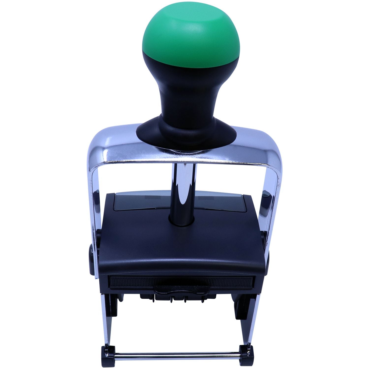 Close-up of a heavy-duty self-inking rubber stamp with green handle and chrome frame on a white background