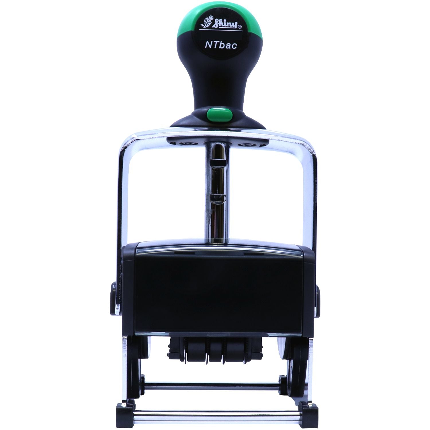 Shiny NTbac self-inking rubber stamp with black and green handle, front view on white background