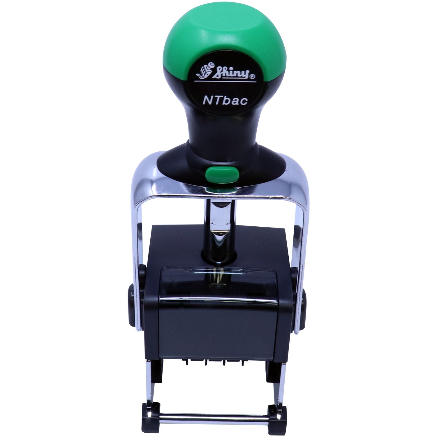 Shiny NTbac self-inking rubber stamp with green and black handle, isolated on white background.