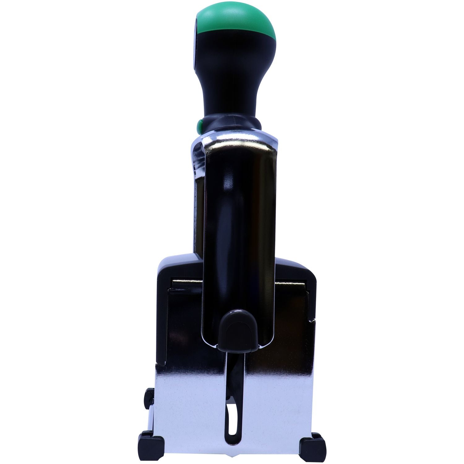 Black and green self-inking rubber stamp isolated on white background.