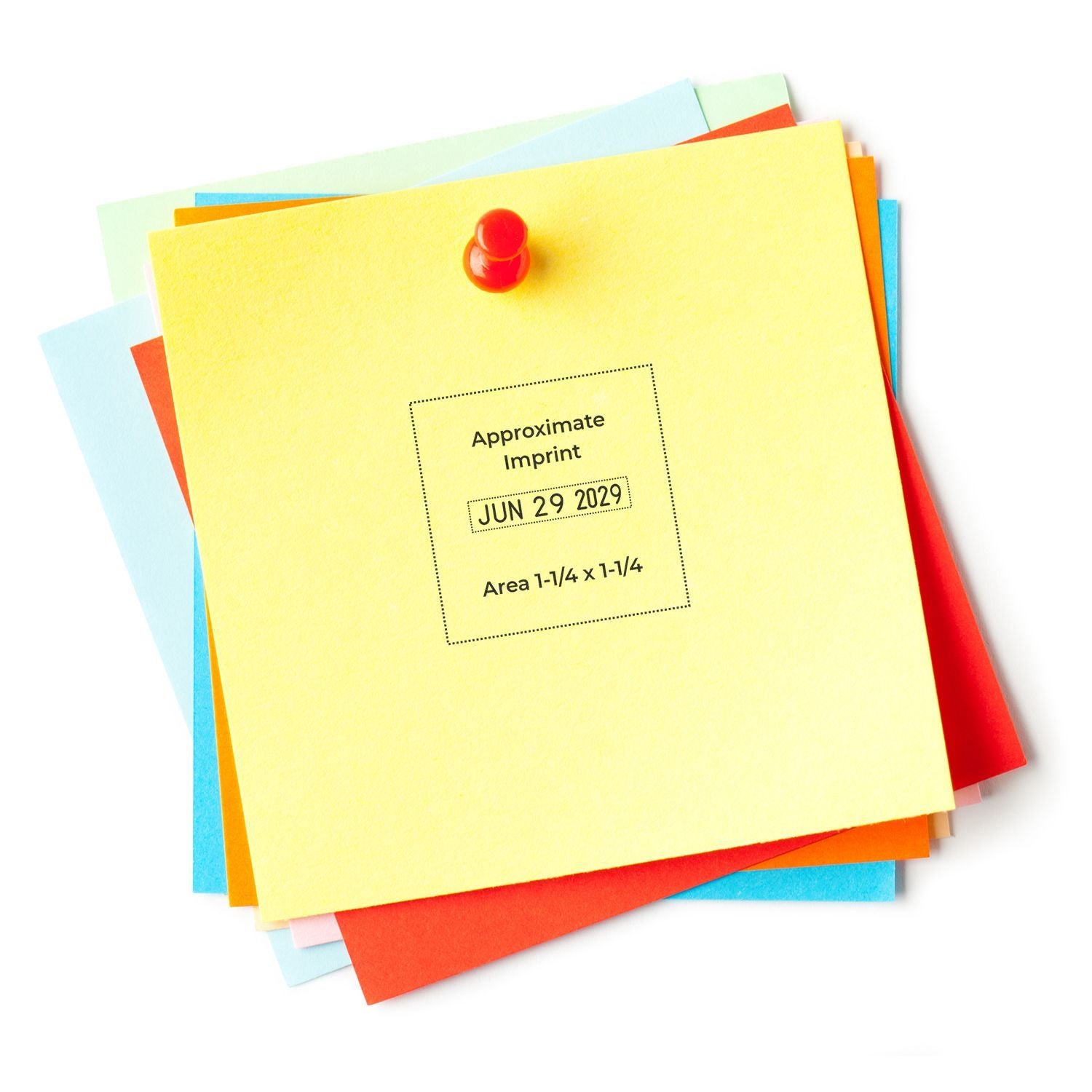Colorful sticky notes stack with red push pin and date imprint template, isolated on white background.
