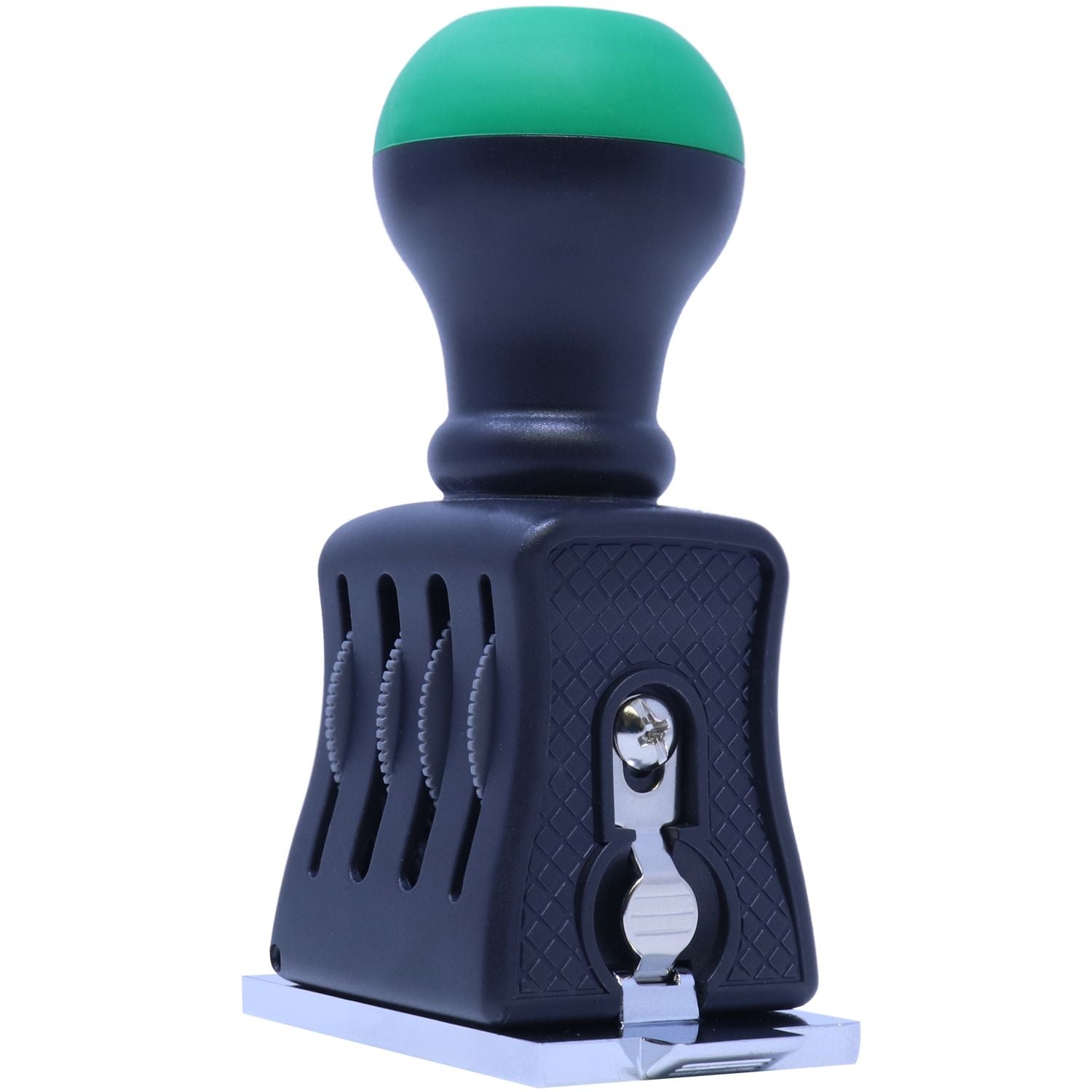 Black and green handheld embossing seal stamp with metal base on a white background