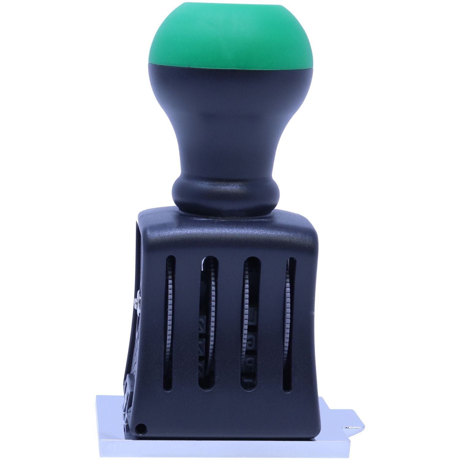 Black and green self-inking date stamp with adjustable number wheels on a white background