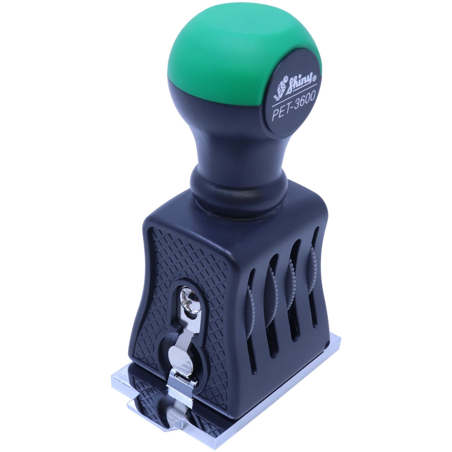 Shiny PET-3600 self-inking stamp with green handle, black body, and metal base on white background