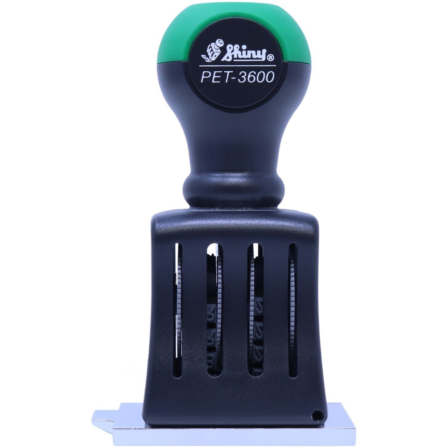 Shiny PET-3600 self-inking date stamp with black and green handle, isolated on white background.