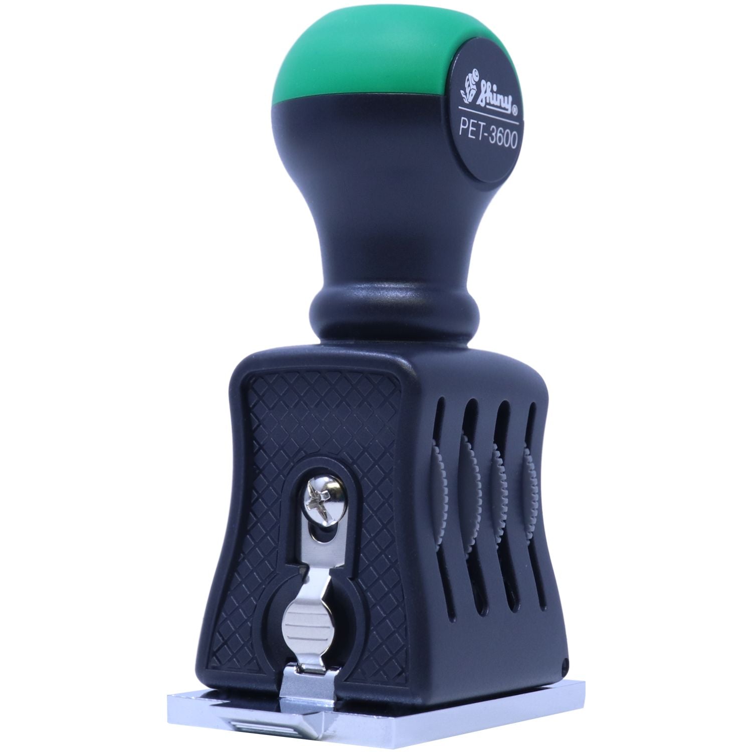 Shiny PET-3600 self-inking rubber stamp with black and green handle, isolated on white background.