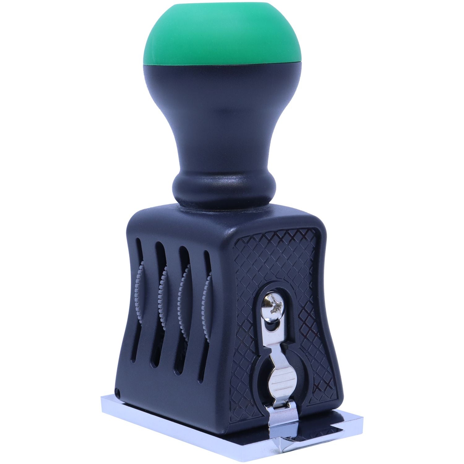 Green and black self-inking rubber stamp with ergonomic handle and metal base on white background