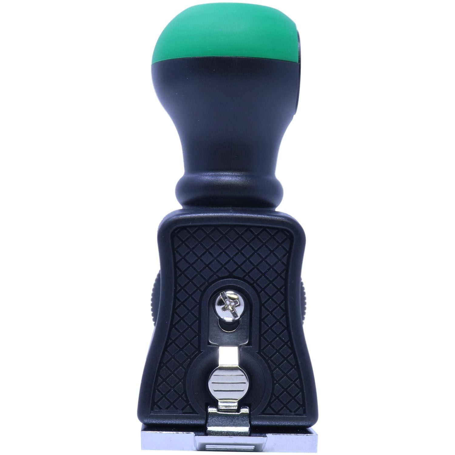 Black and green self-inking rubber stamp isolated on white background