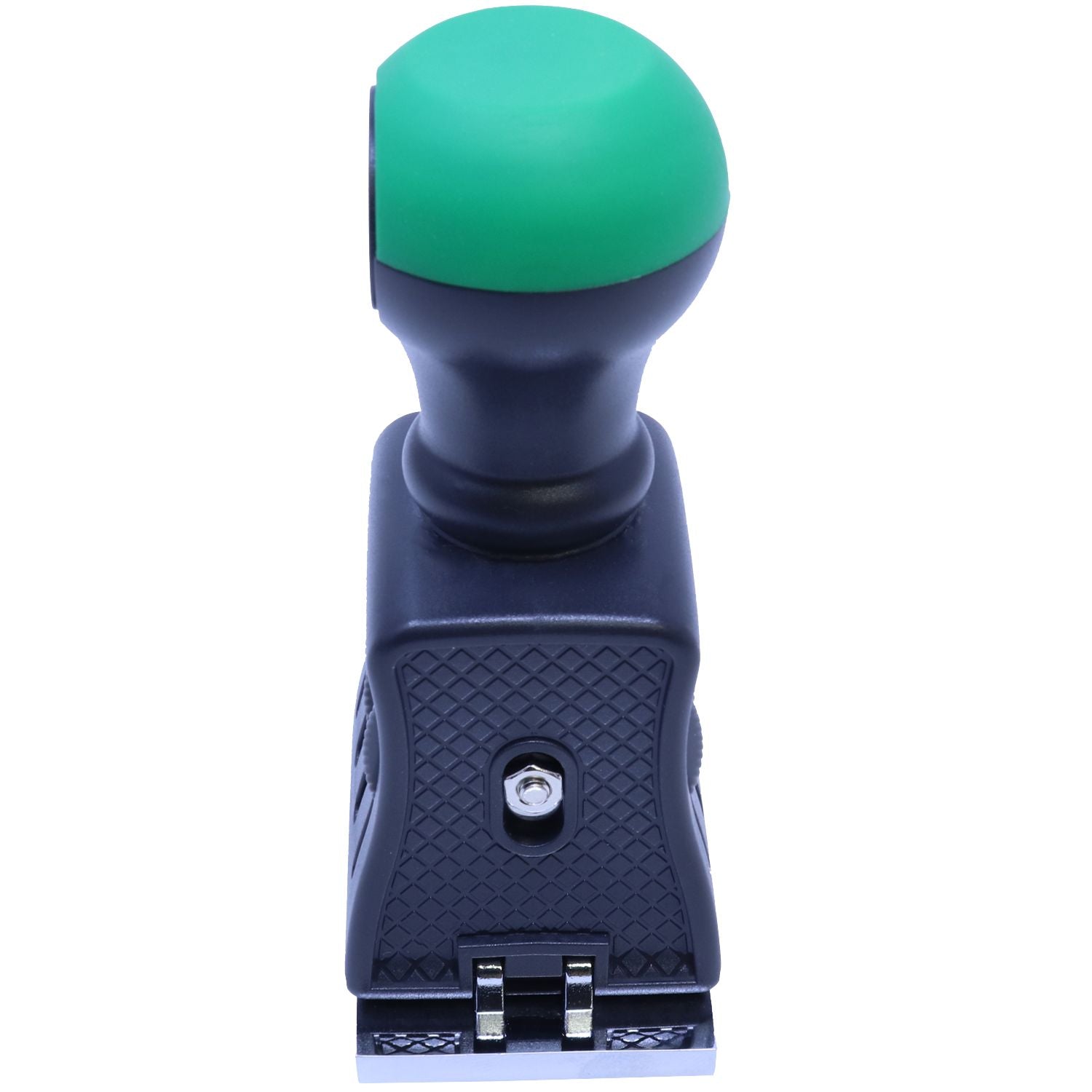 Close-up of a handheld electric palm sander with ergonomic green and black handle for woodworking and DIY projects