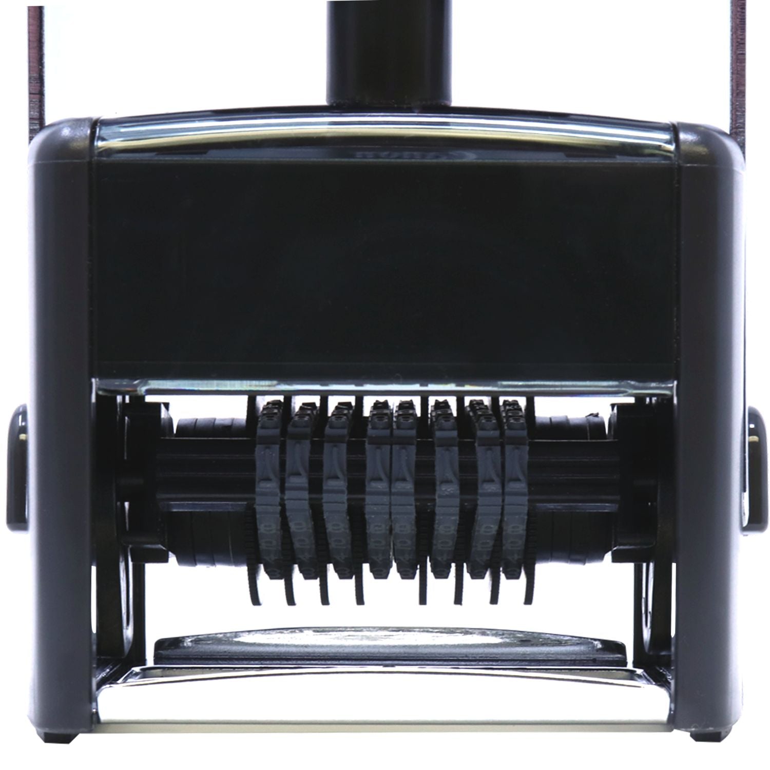 Front view of a vintage black typewriter showing typebars and keys, highlighting classic writing technology.