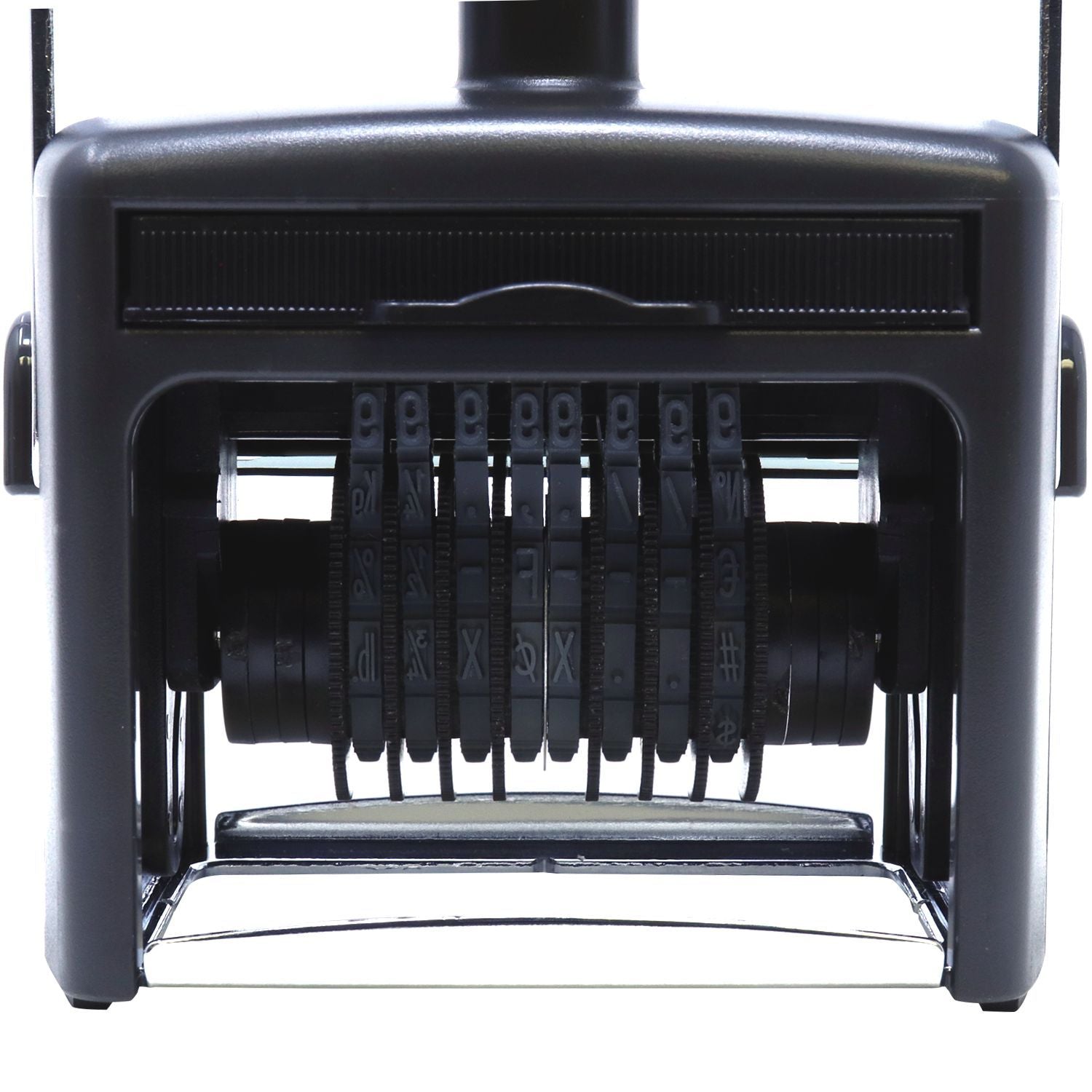 Close-up of manual label maker typebar with interchangeable character rollers for customizing and printing adhesive labels.