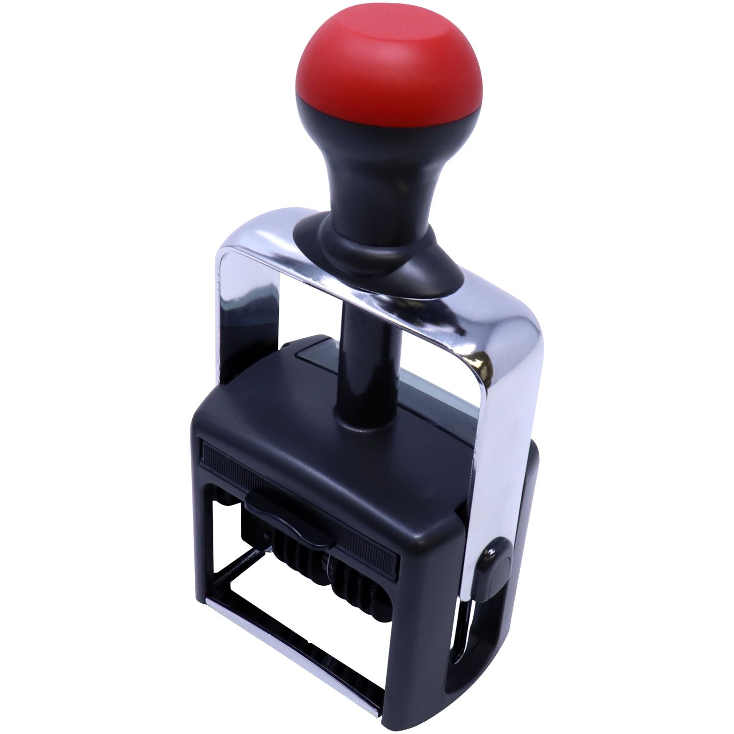 Close-up of red push lever on black-and-silver manual tool clamp, highlighting grip and locking mechanism