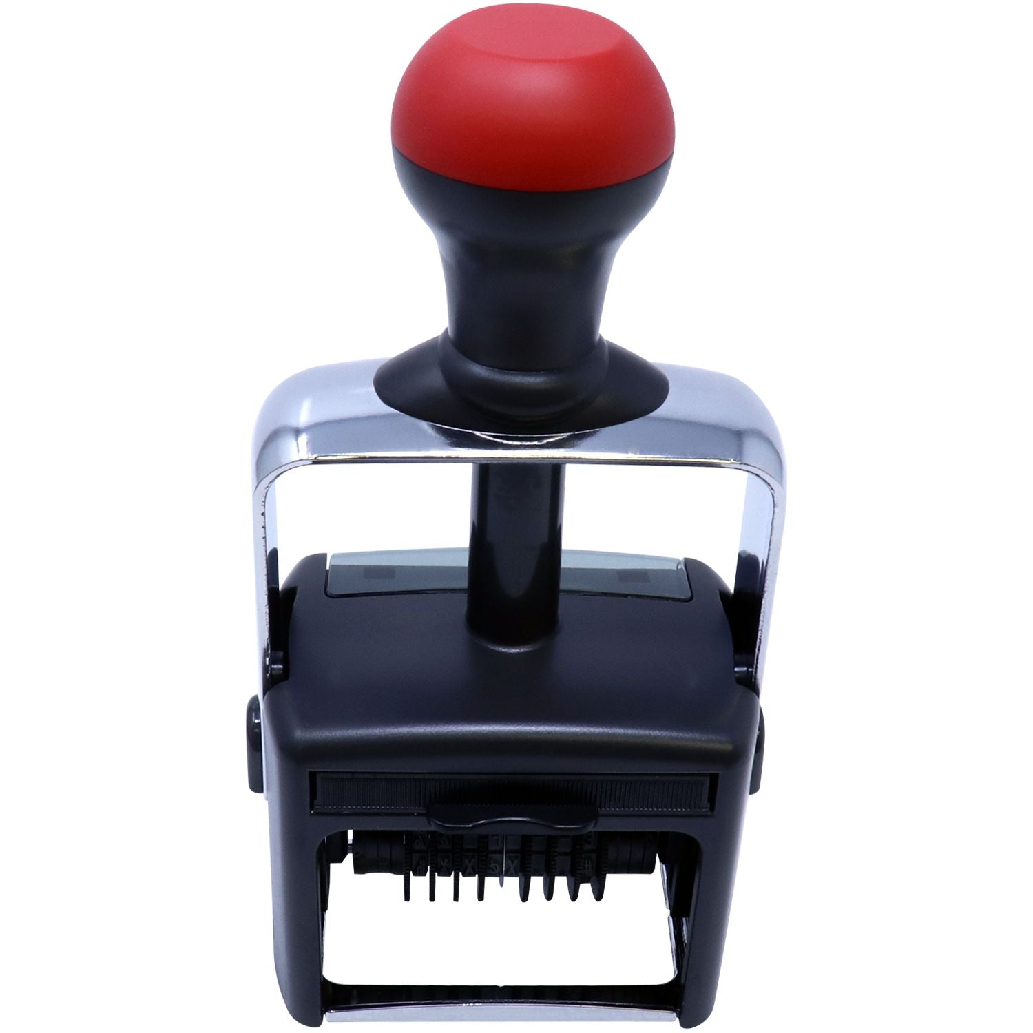 Red and black heavy-duty manual stapler close-up showing the handle press mechanism for office paper fastening with quick secure staples.