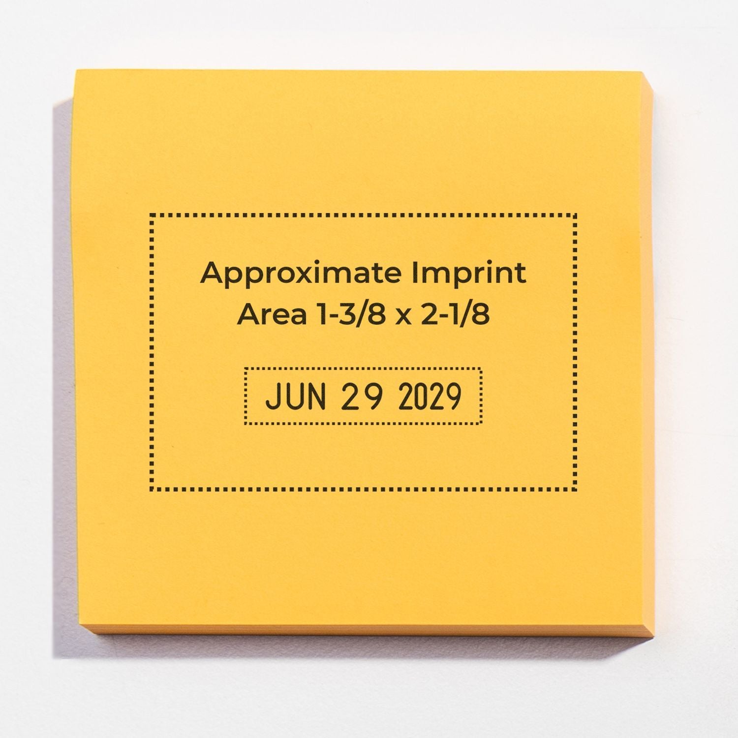 Yellow custom sticky note pad with approximate imprint area and date stamp June 29, 2029.