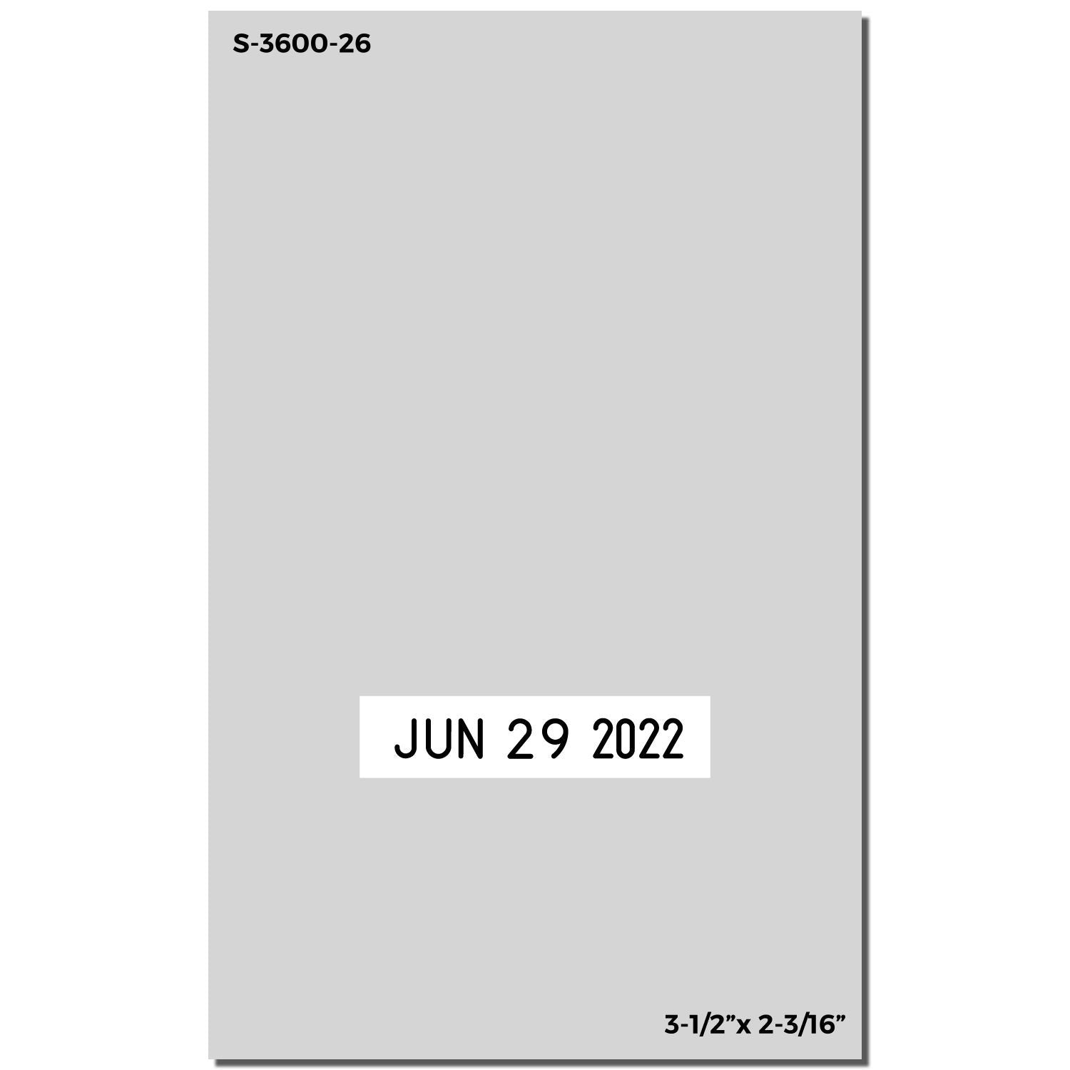 Gray product label template marked S-3600-26 with date JUN 29 2022 and size 3-1/2" x 2-3/16"