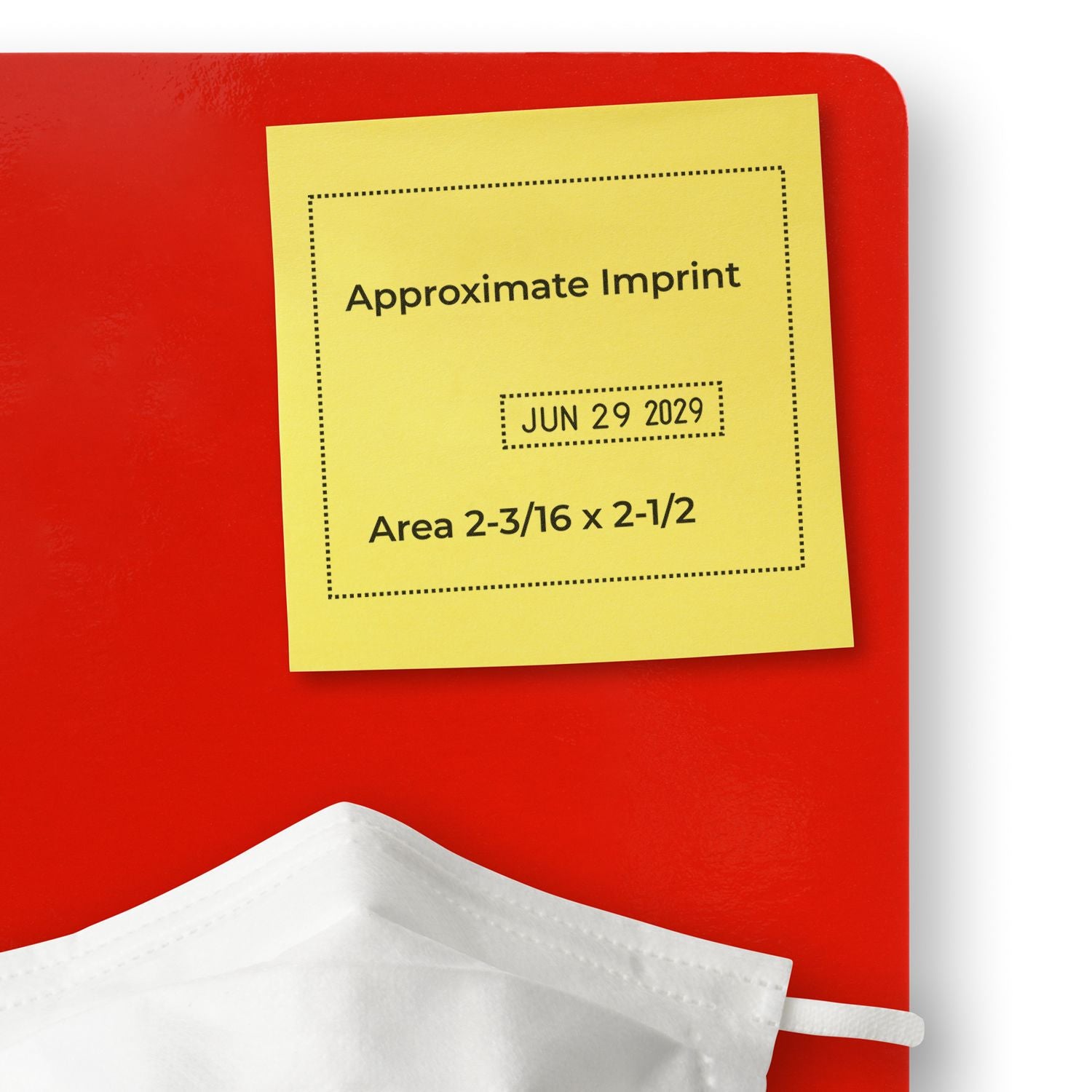 Red folder with yellow approximate imprint sticky note and white face mask, showing June 29, 2029 date.