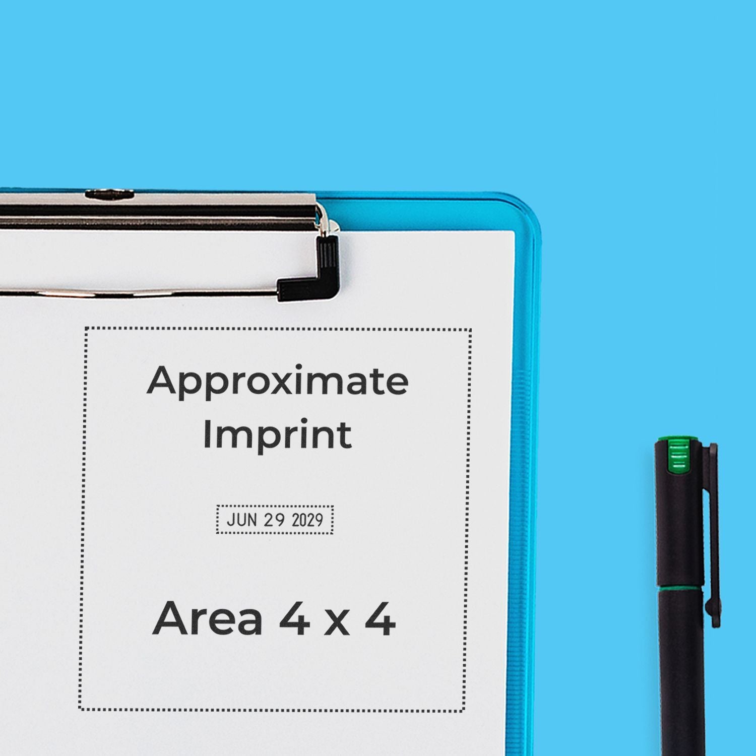 Clipboard with approximate imprint area 4 x 4 and pen on blue background for promotional branding display