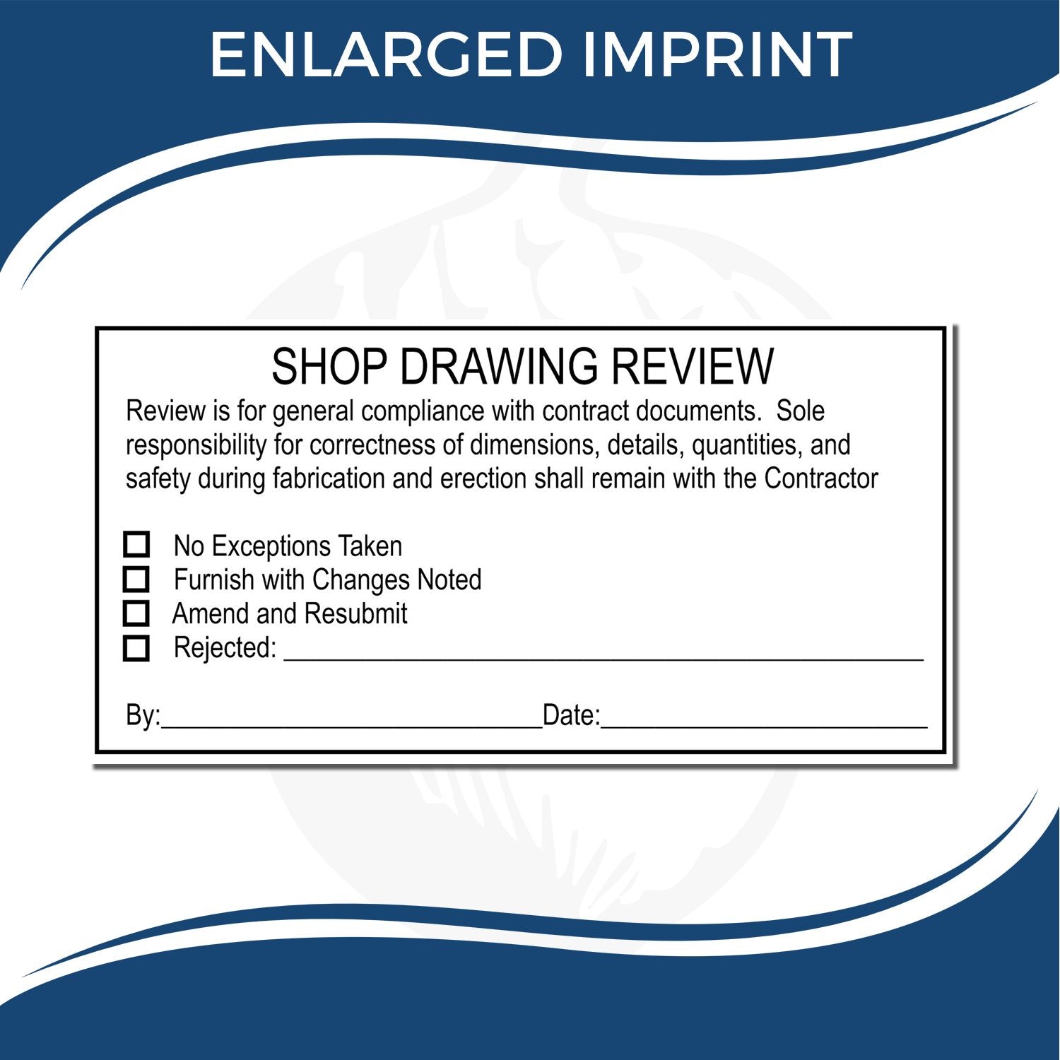 Enlarged imprint shop drawing review form with approval checklist, rejection option, and signature/date lines for construction documents.