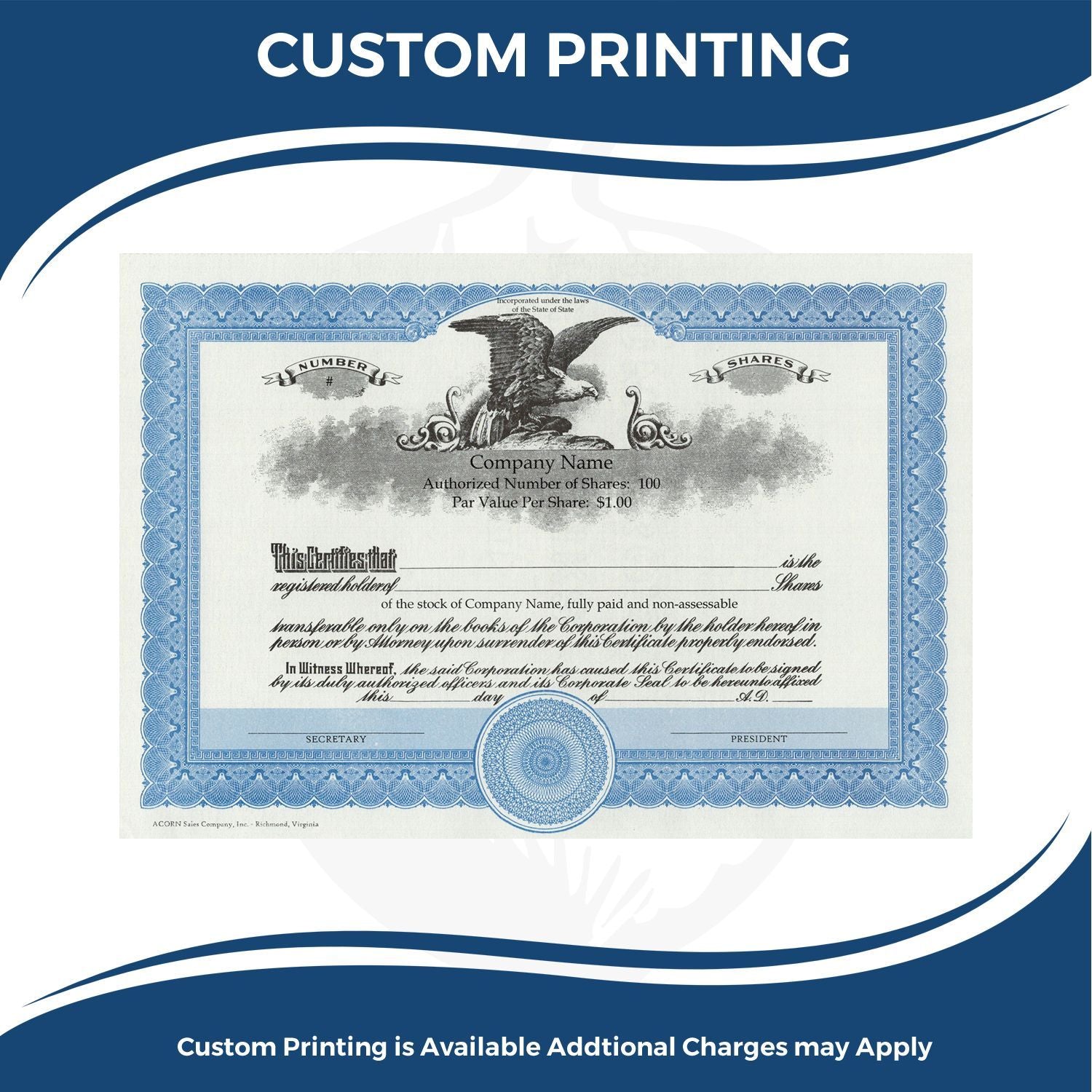Custom printing of corporate stock certificates with shares and number fields, certificate template for company ownership documents.