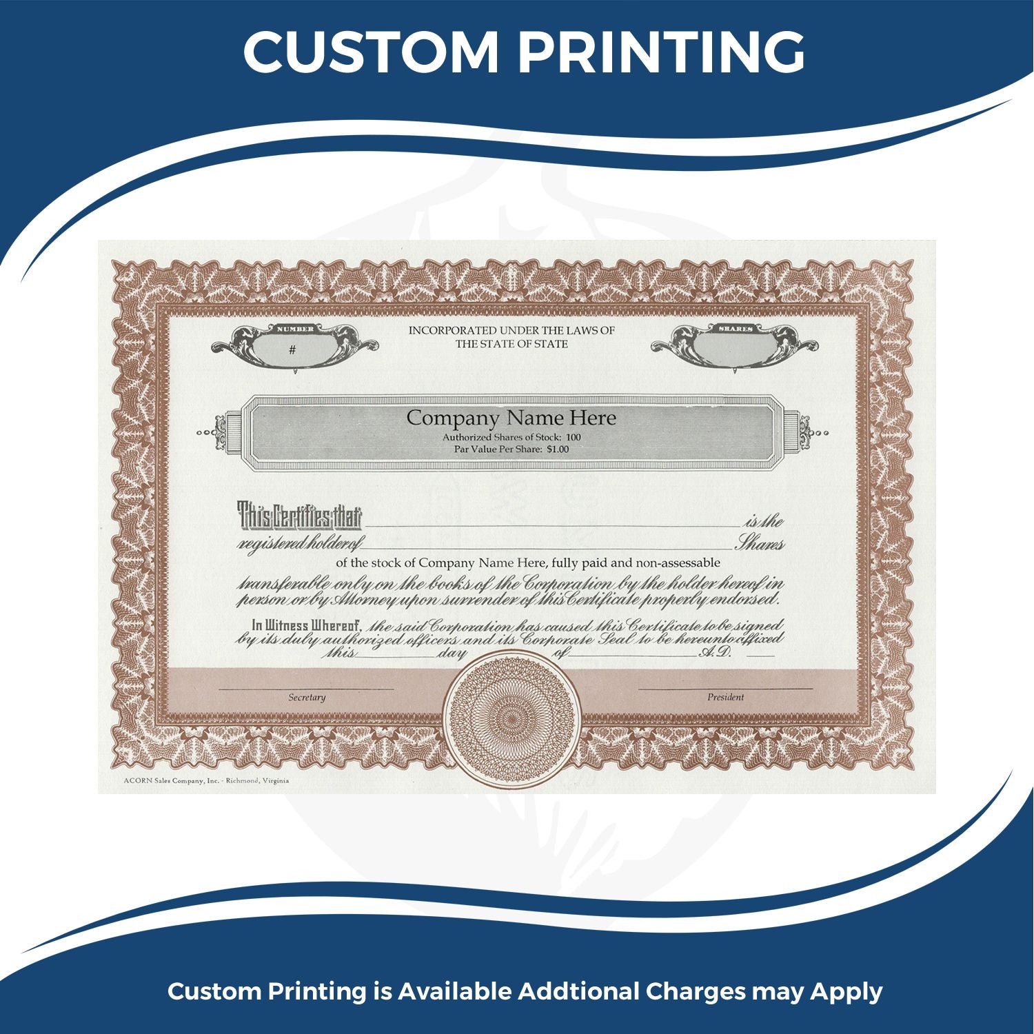 Custom printing stock certificate template with company name, shares and authorized signatures for corporate ownership documents