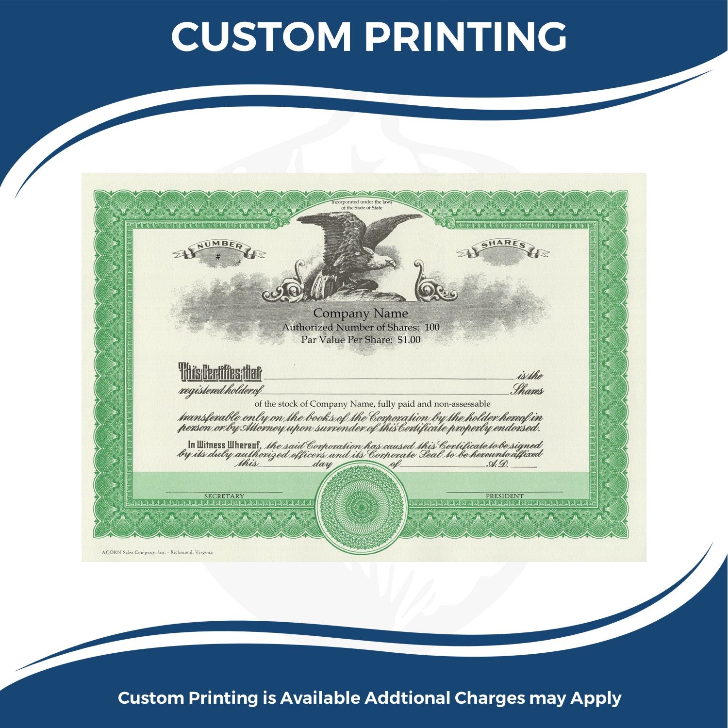 Custom printed corporate stock certificate template showing shares and number, with green eagle design for company ownership.