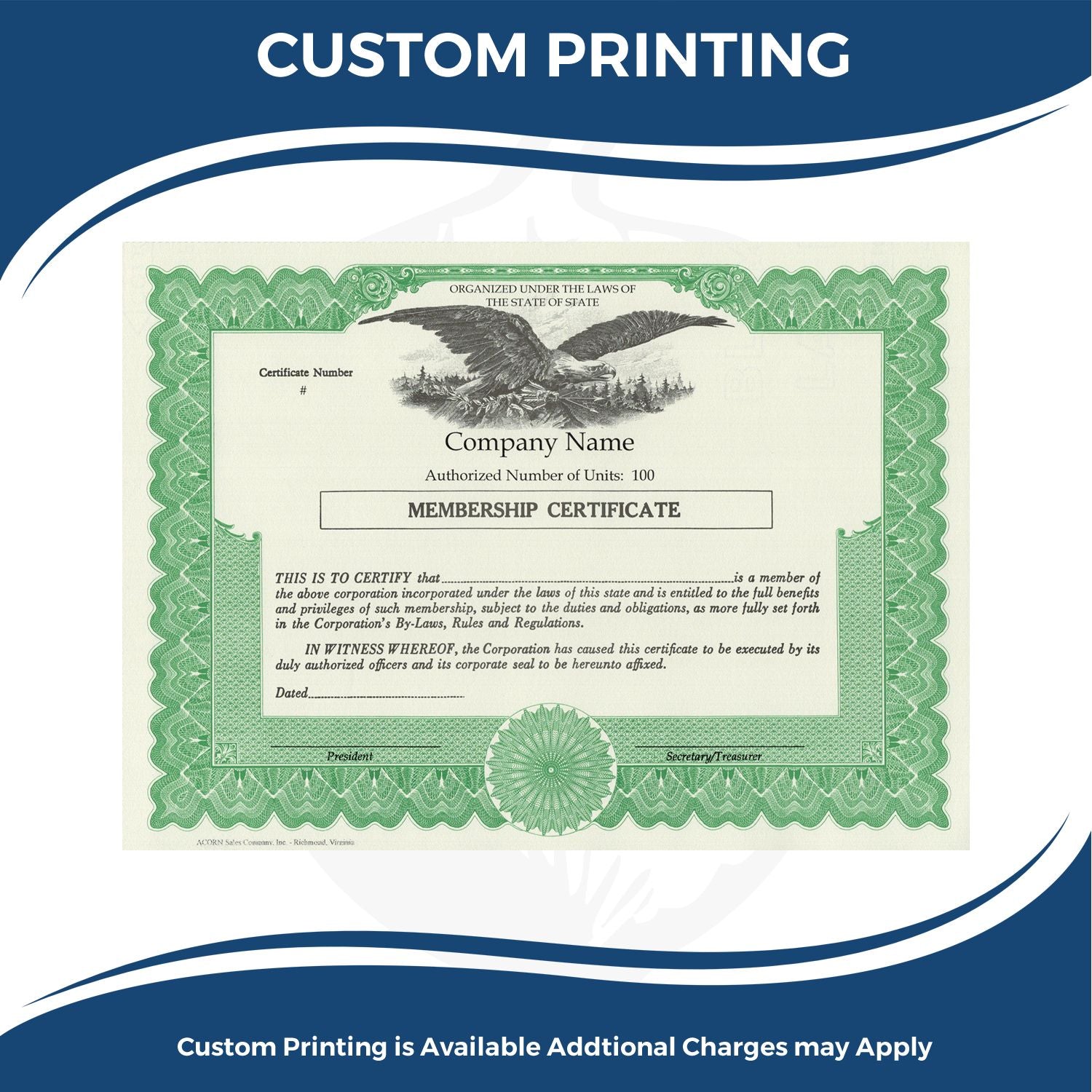 Custom printing service banner featuring a membership certificate template for official company ownership and unit authorization.
