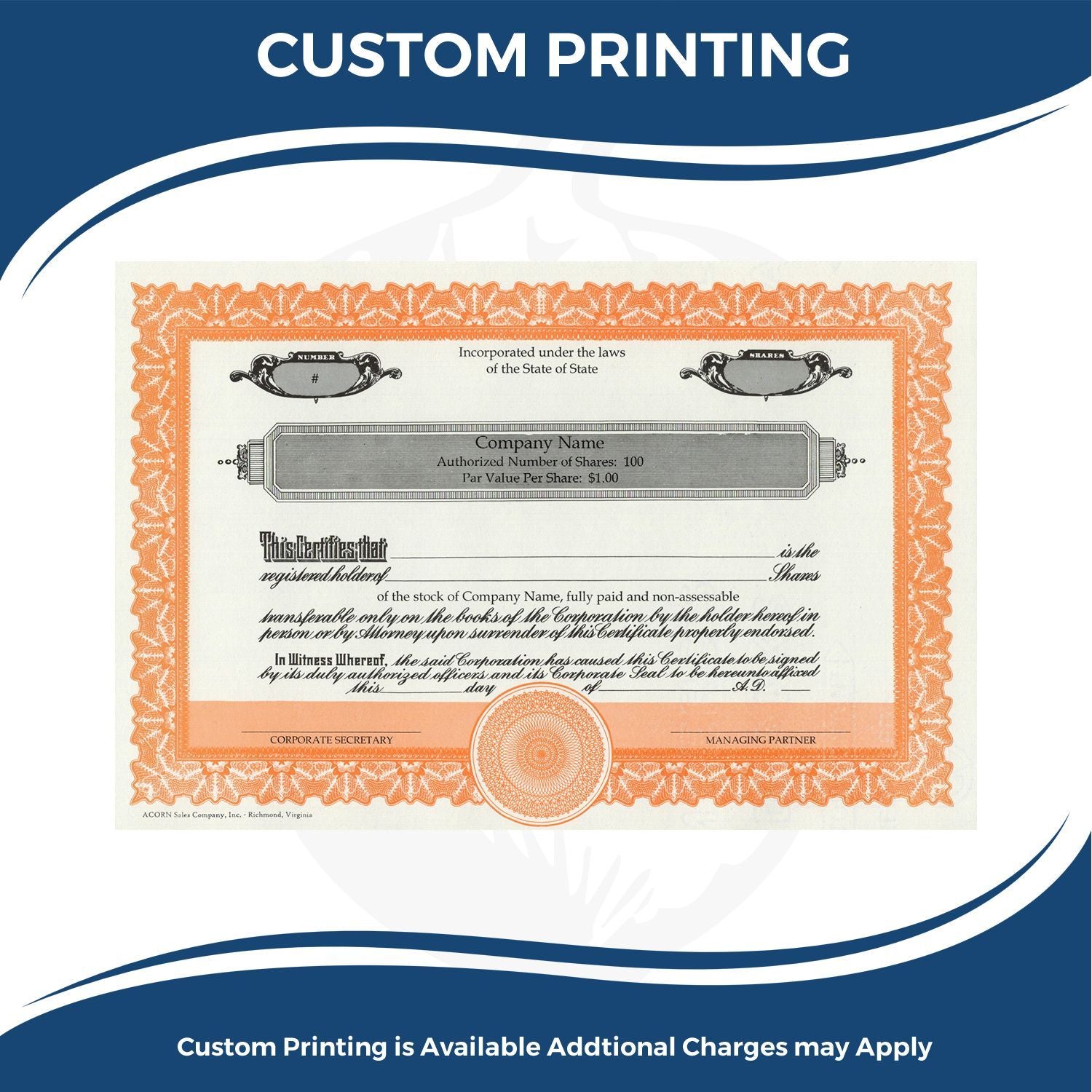 Custom printing promo featuring a printed stock certificate template with company details, shareholder shares, and corporate officer signatures.