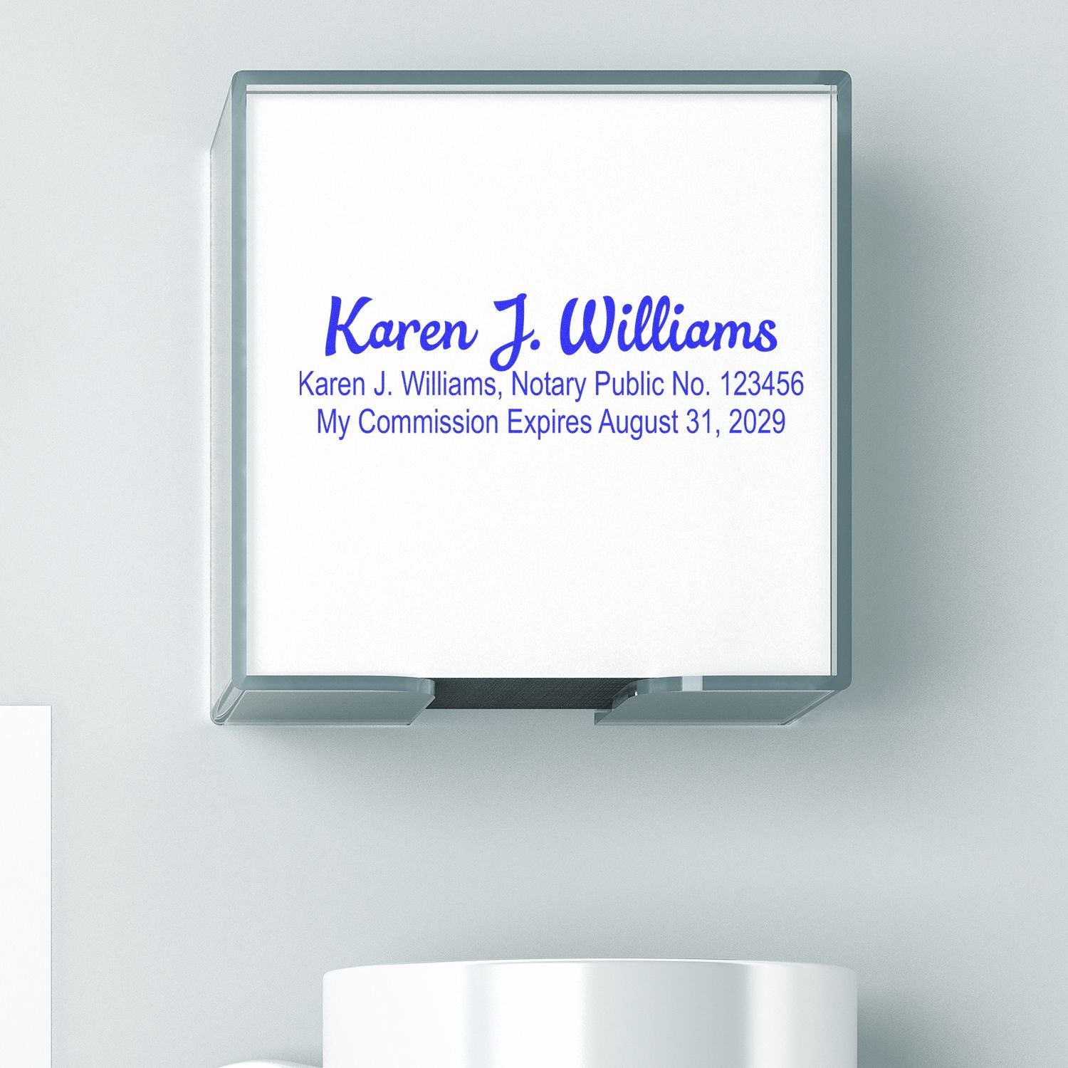 Acrylic wall sign for Karen J. Williams, Notary Public No. 123456, with commission expiration August 31, 2029.