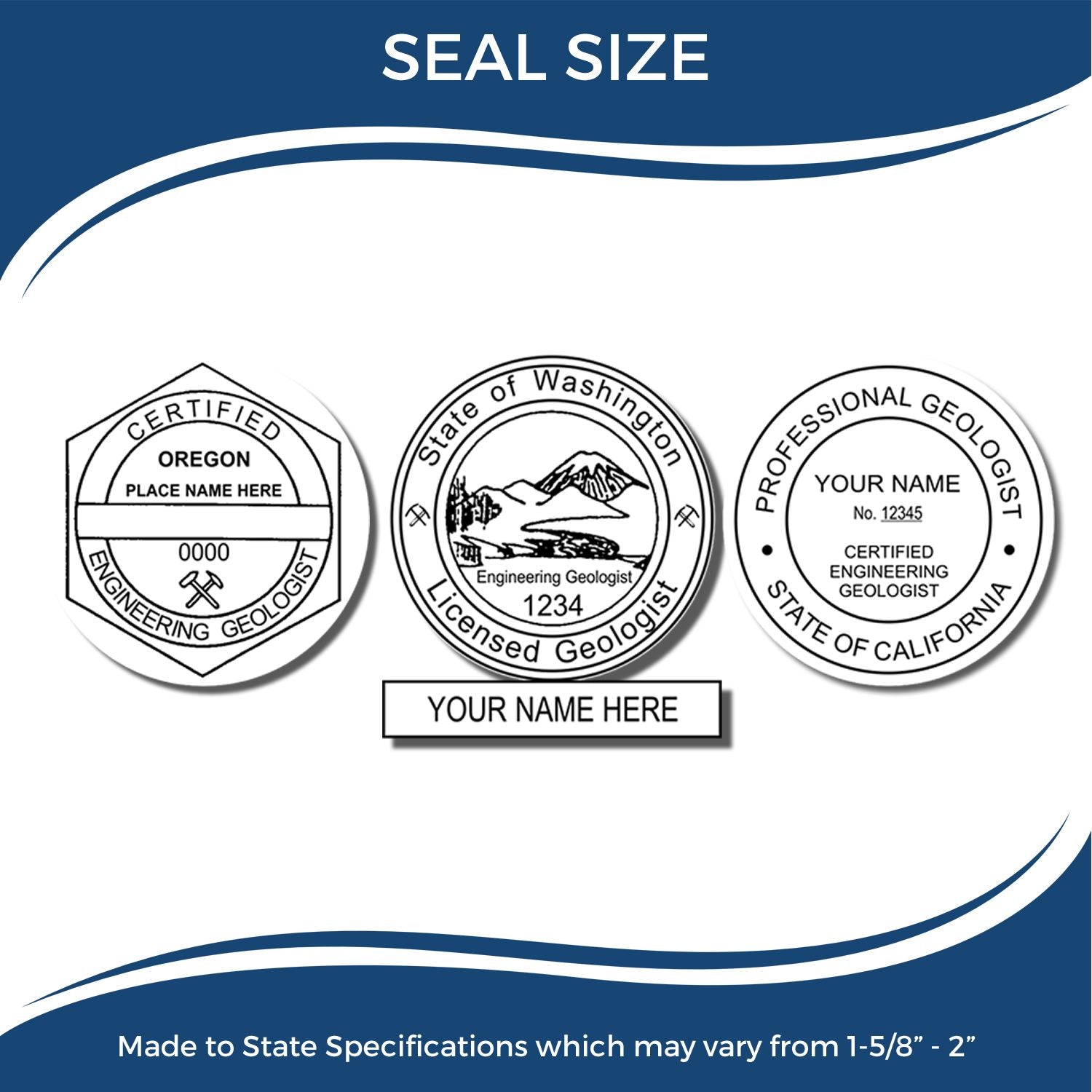 Seal size template showing custom professional engineering geologist stamps for Oregon, Washington, and California with state specification notes.
