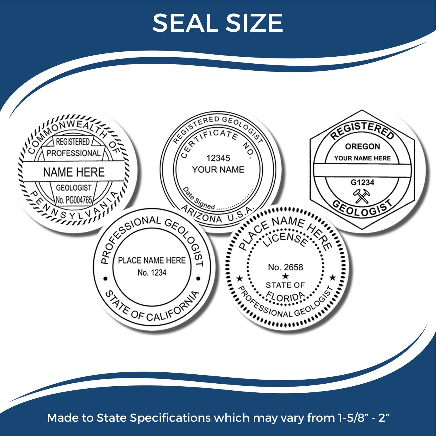 Seal size chart showing custom state-specific professional geologist stamps for Pennsylvania, Arizona, Oregon, California, and Florida.