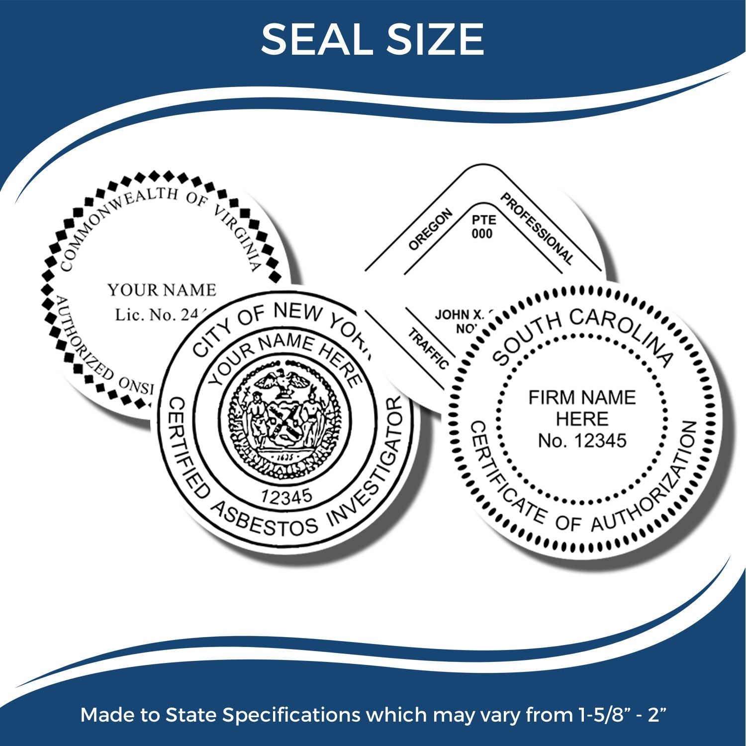 Seal size chart showing custom state-specific certification seals and professional stamp examples in multiple designs and sizes.