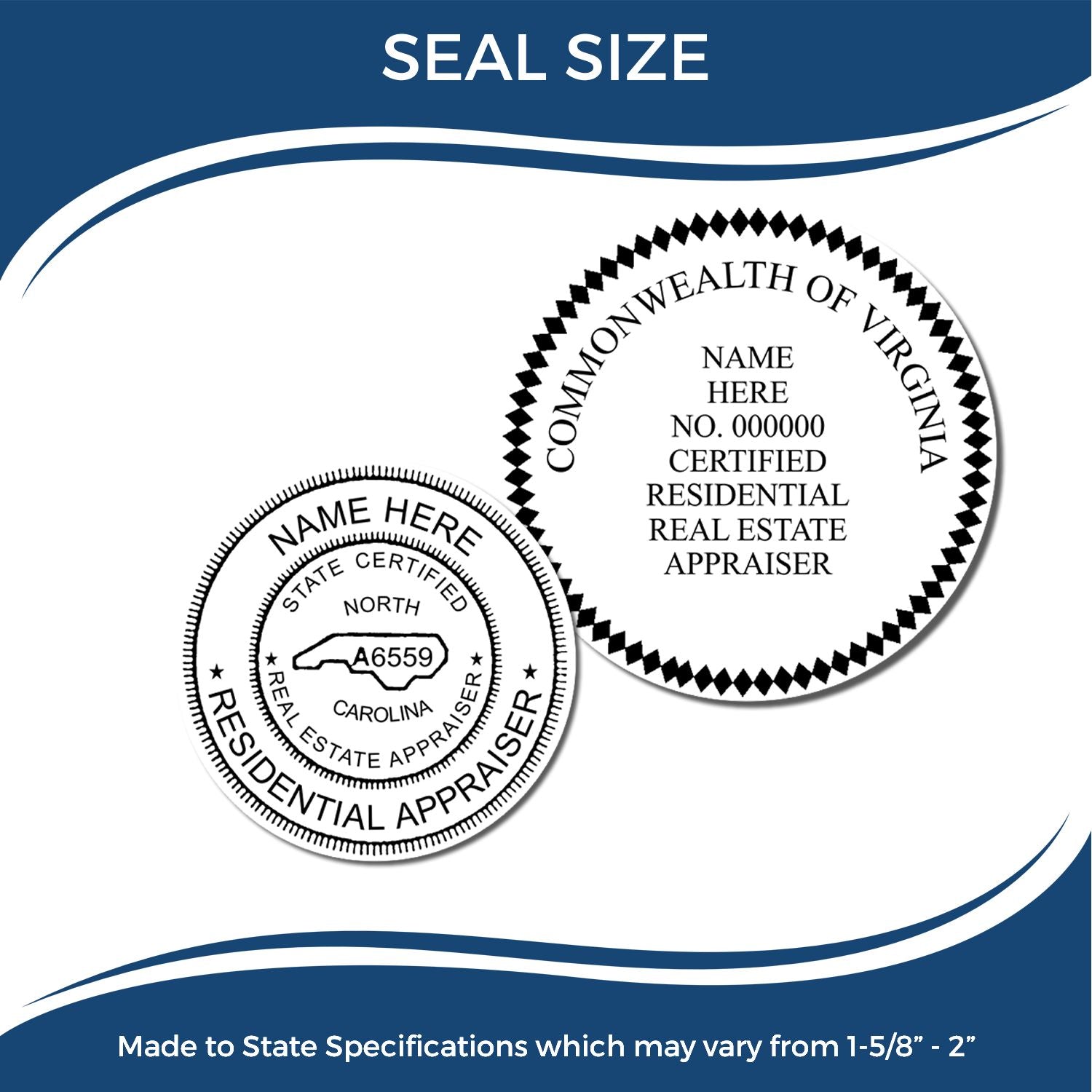 Seal size sample showing custom state-certified residential real estate appraiser seals for Virginia and North Carolina.