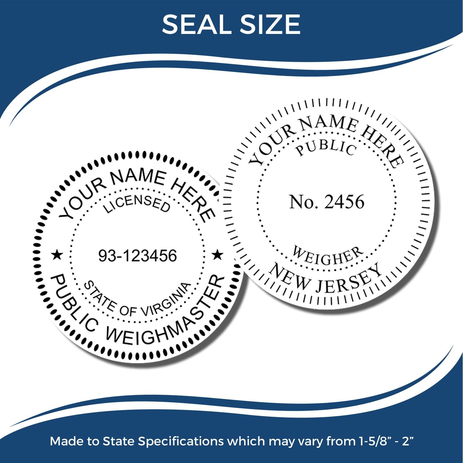 Seal size guide showing custom notary embossing seal examples for licensed public weighmaster and public notary stamps, made to state specifications.