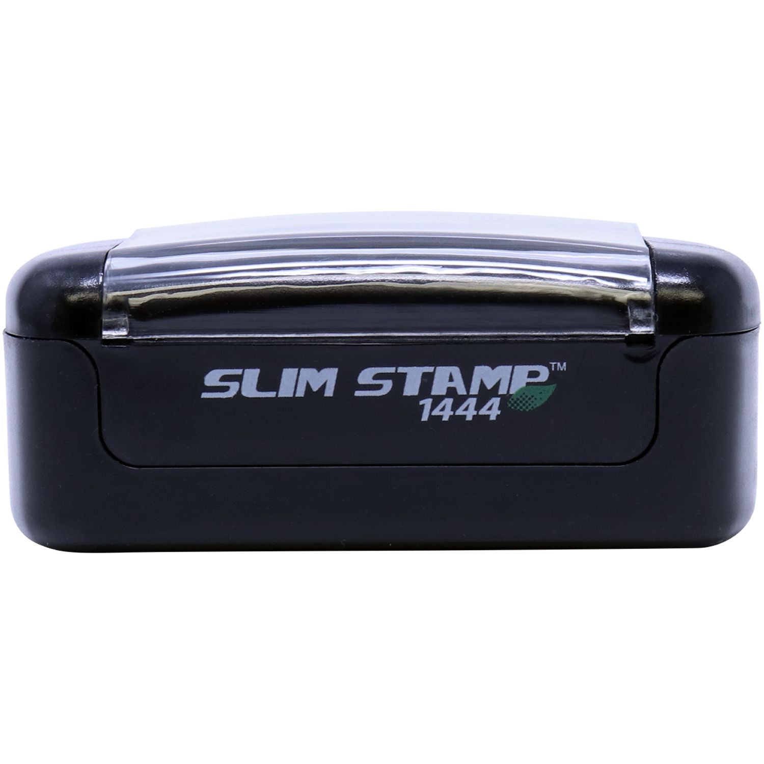 Black Slim Stamp 1444 compact self-inking stamp with clear cover on white background