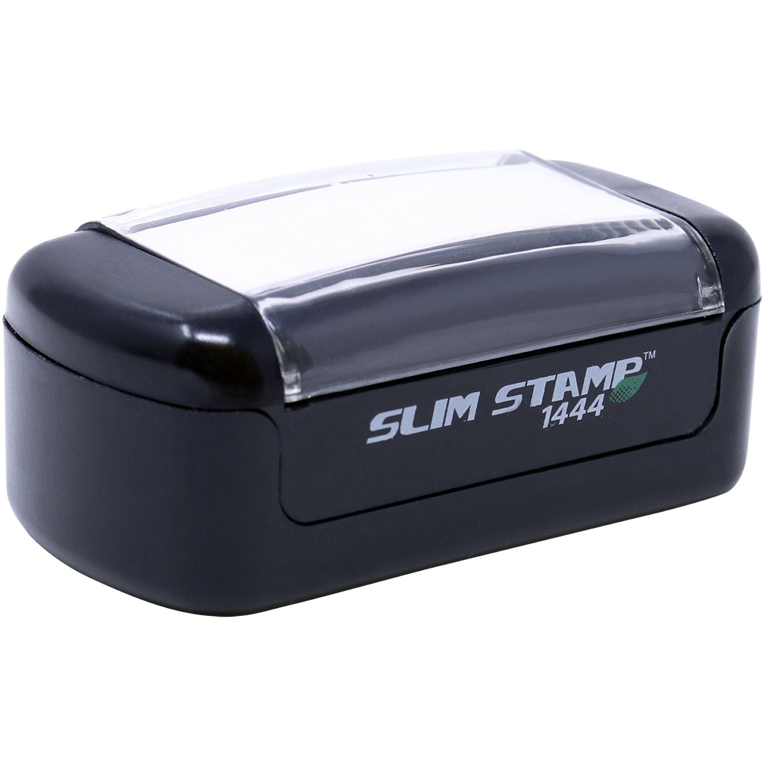 Black Slim Stamp 1444 self-inking stamp with clear protective cover, compact office rubber stamp tool