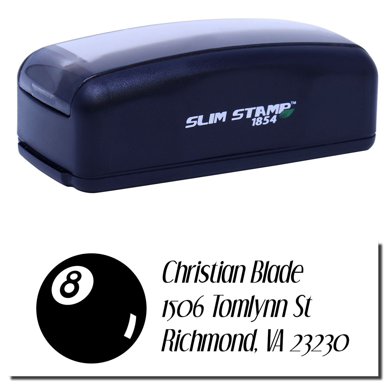 Slim Stamp 1854 self-inking address rubber stamp with custom return address impression and sample logo design
