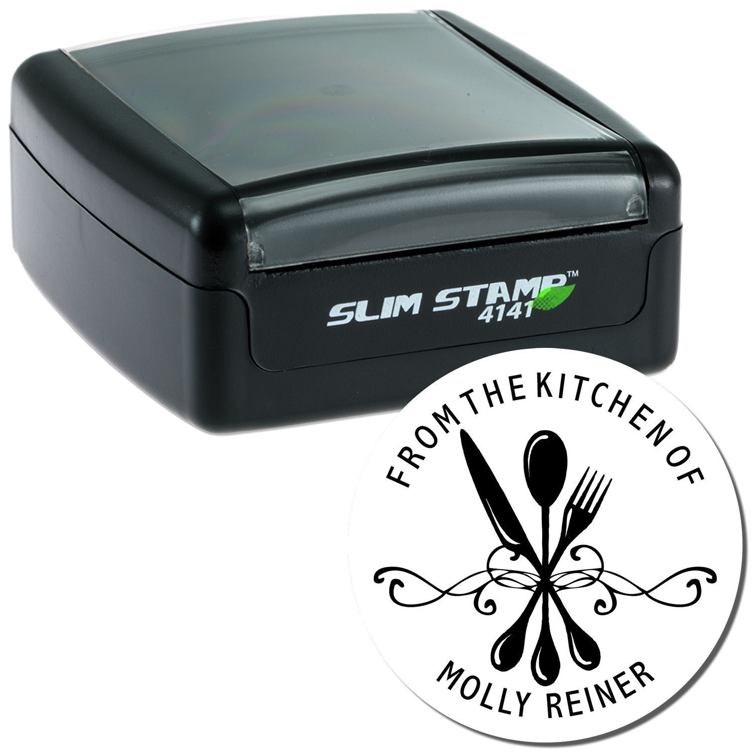 Self-inking rubber stamp with custom kitchen logo for Molly Reiner, ideal for personalized branding and labeling