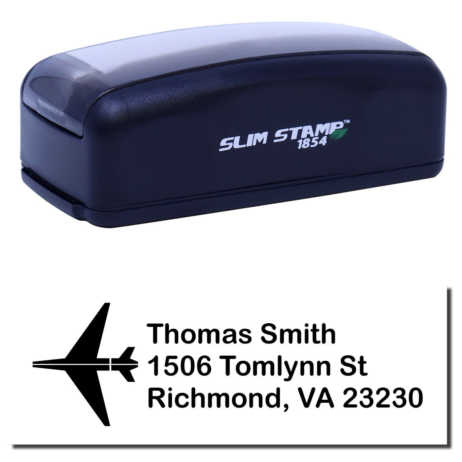 Slim Stamp 1854 self-inking custom address rubber stamp with airplane logo and Thomas Smith Richmond, VA return address imprint.