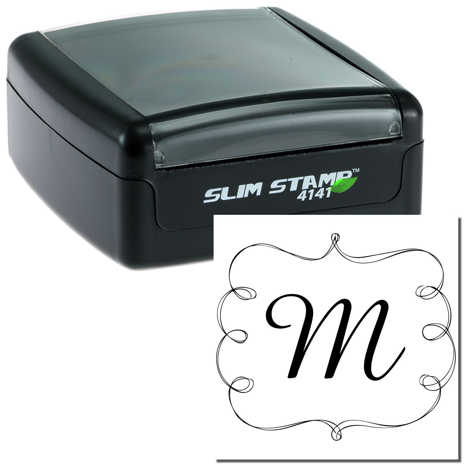 Slim Stamp 4141 self-inking rubber stamp with ornate monogram M, ideal for custom wedding invitations and branding