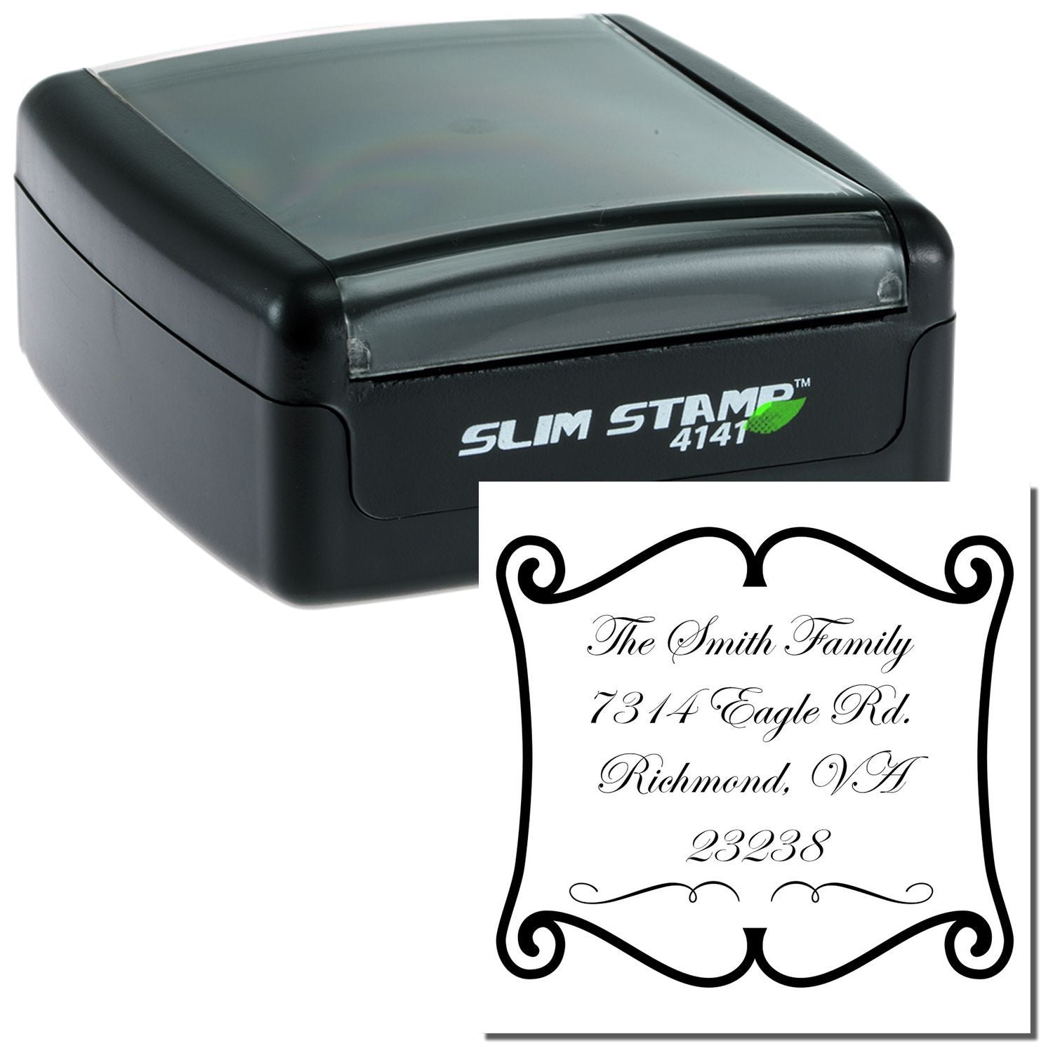 Custom self-inking address rubber stamp with Slim Stamp 4141 and decorative family return address imprint.