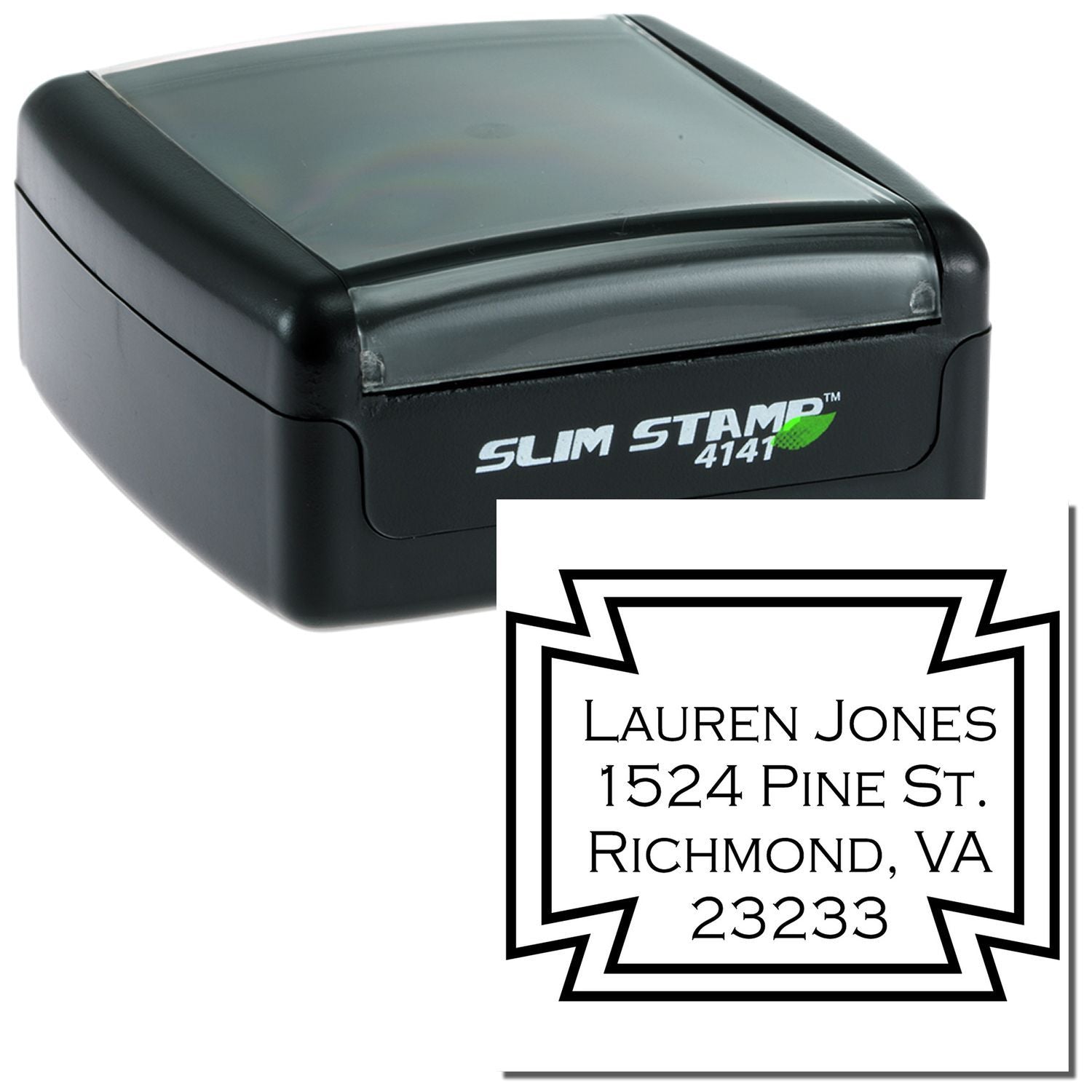 Slim self-inking rubber address stamp with custom return address impression for personalized mailing and business use.