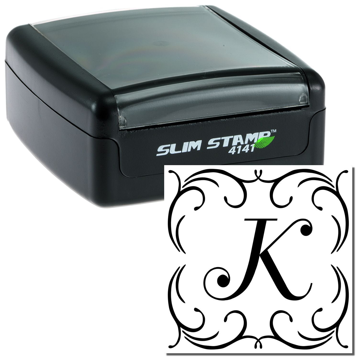 Custom self-inking Slim Stamp 4141 with ornate monogram K design for personalized rubber stamp impressions.