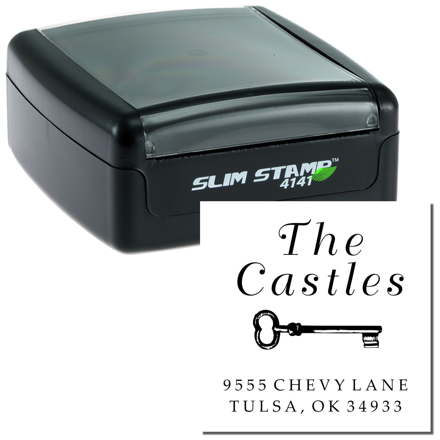 Custom self-inking rubber address stamp with key design and sample imprint for The Castles, 9555 Chevy Lane, Tulsa, OK.